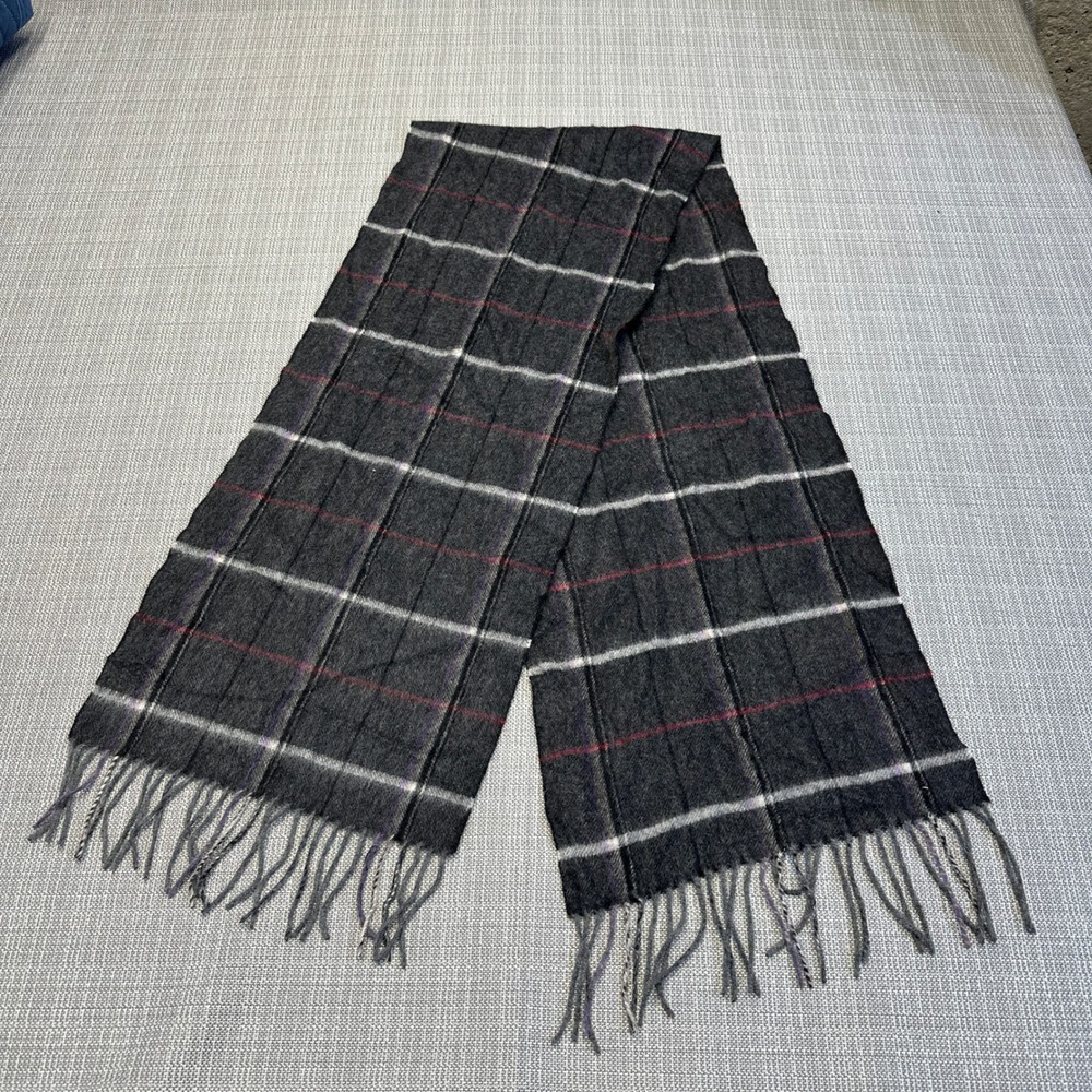 Alan‎ Flusser 100% Cashmere Scarf Gray Plaid Check Fringe Luxury Preppy  56x12